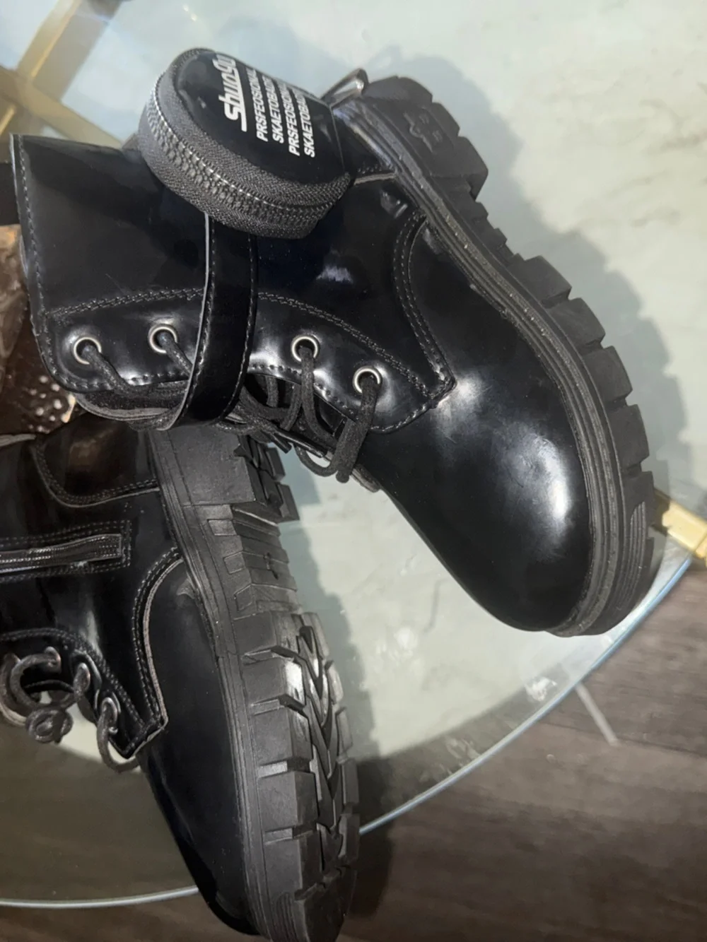 Shoe Dazzle Black Patent Lace-Up Platform Boots